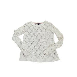Tommy Hilfiger Womens Ivory Diamond Knit Sweater M 100% Cotton Long Sleeve Pullo